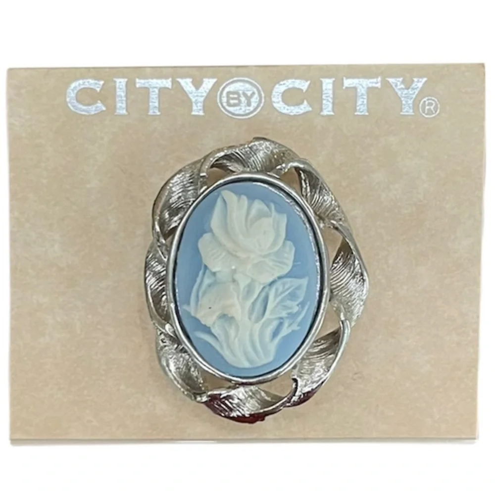 Blue White Rose Cameo Pin Romantic Wedgewood Delft Victorian Vintage Style Cameo